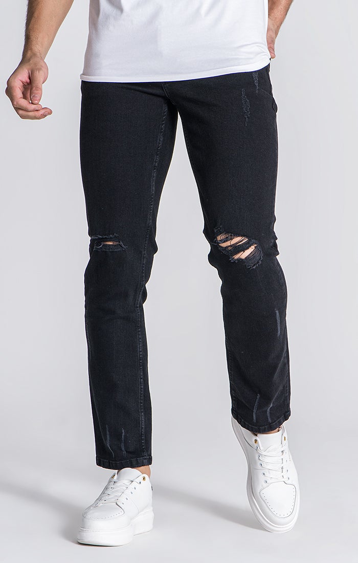Black straight leg ripped jeans top