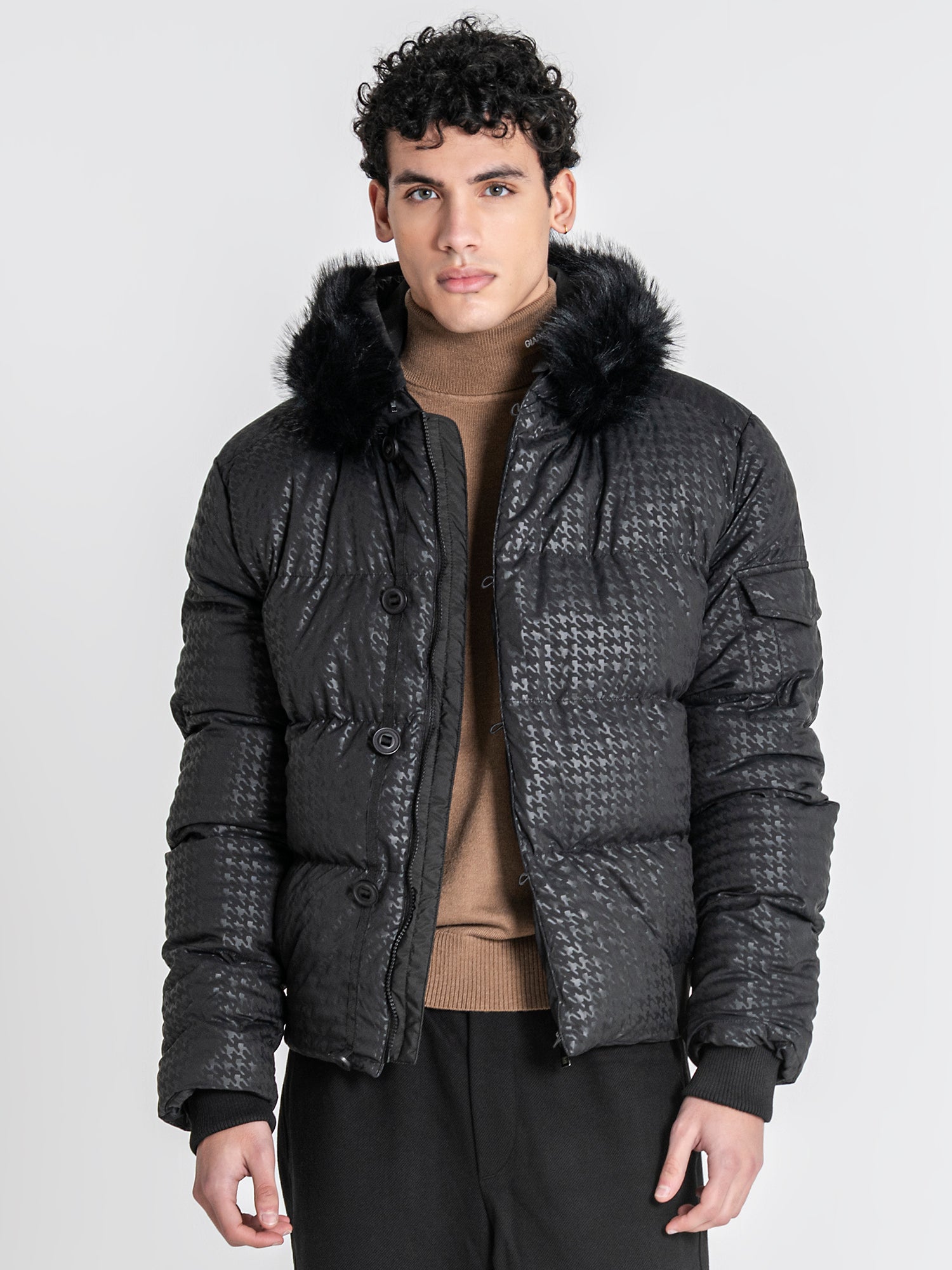 Black Smart Houndstooth Puffer Jacket