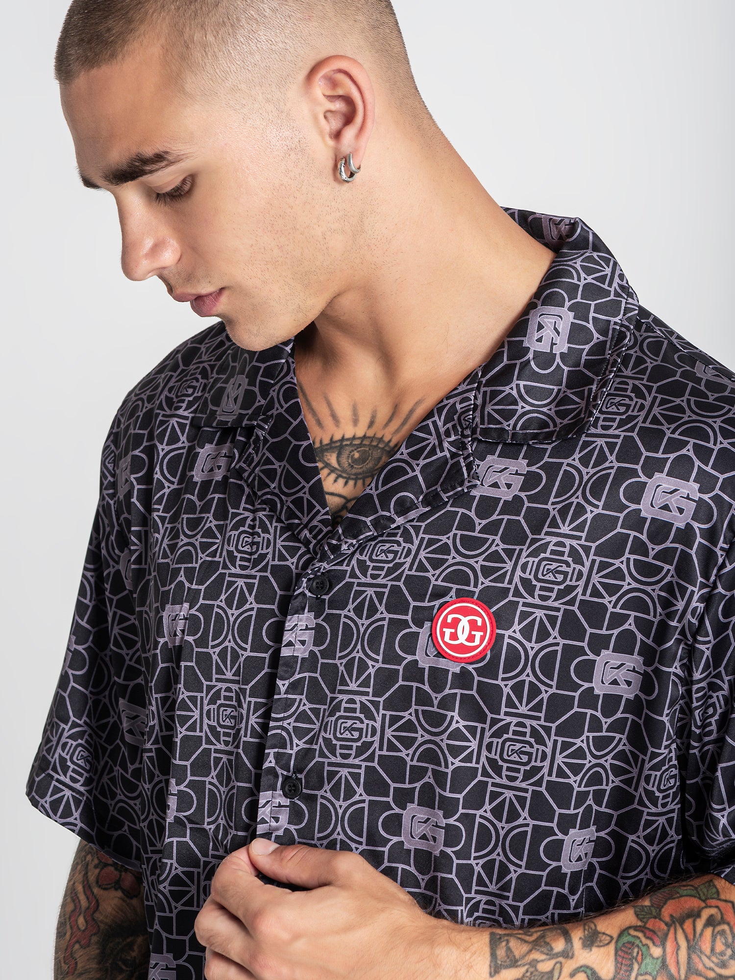 shirts / Black Tiled Satin Shirt