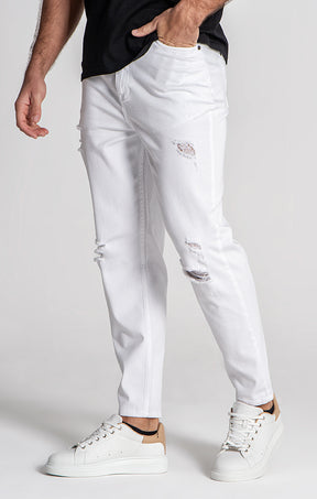 White Core Ripped Straight-Leg Jeans